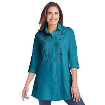 Woman Within Plus Size Button-Front Embroidered Tunic