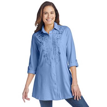 Woman Within Plus Size Button-Front Embroidered Tunic