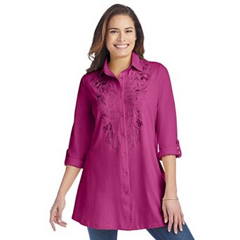Woman Within Plus Size Button-Front Embroidered Tunic