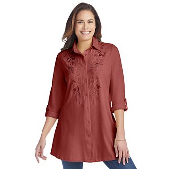 Woman Within Plus Size Button-Front Embroidered Tunic