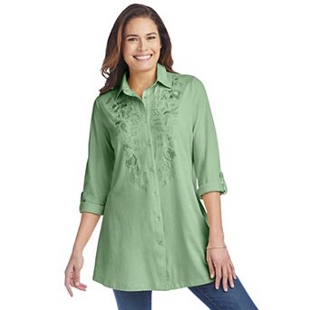 Woman Within Plus Size Button-Front Embroidered Tunic
