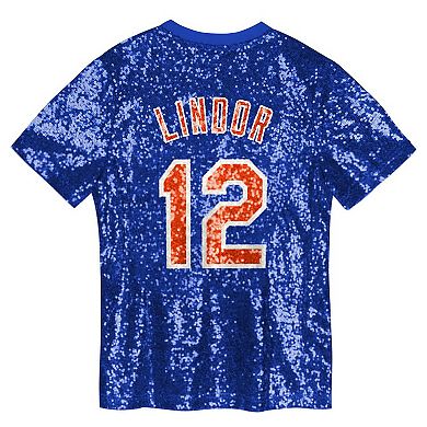 Juniors Francisco Lindor Royal New York Mets Name & Number Sequin V-Neck Top