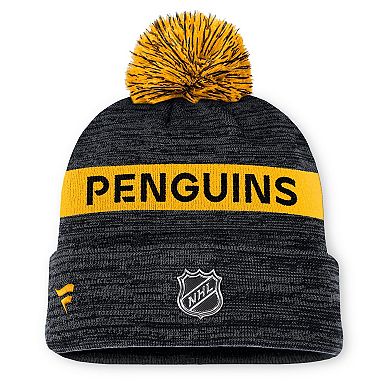 Men's Fanatics Black/Gold Pittsburgh Penguins Authentic Pro Rink Cuffed Knit Hat with Pom