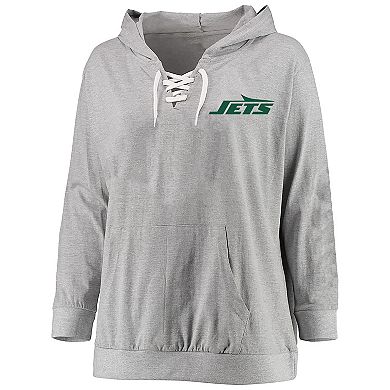Women's Fanatics Heather Gray New York Jets Plus Size Lace-up Pullover Hoodie