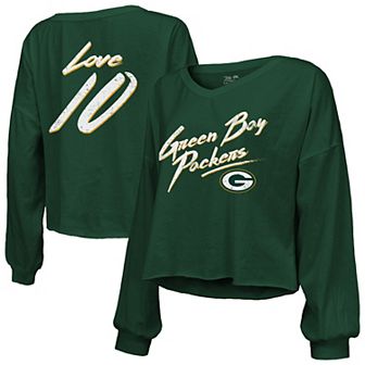 Women's Majestic Threads Jordan Love Green Green Bay Packers Name & Number Off-Shoulder Script Cropped Long Sleeve V-Neck T-Shirt