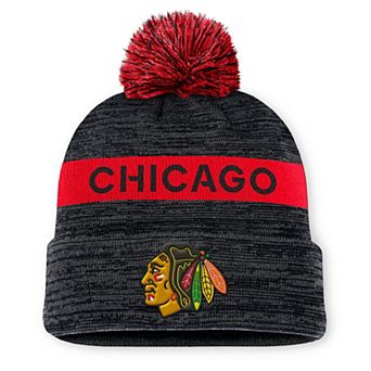 Men's Fanatics Black/Red Chicago Blackhawks Authentic Pro Rink Cuffed Knit Hat with Pom