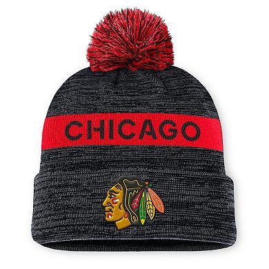 Men's Fanatics Black/Red Chicago Blackhawks Authentic Pro Rink Cuffed Knit Hat with Pom