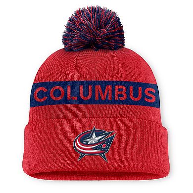 Women's Fanatics Red/Navy Columbus Blue Jackets Authentic Pro Rink Cuffed Knit Hat with Pom
