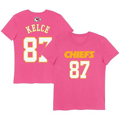 Girls Youth Travis Kelce Pink Kansas City Chiefs Player Name & Number T ...