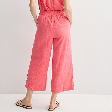 Women's Croft & Barrow® Button Hem Pull-On Linen Cropped Pants