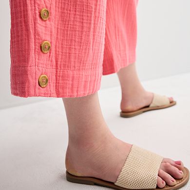 Plus Size Croft & Barrow® Button Hem Pull On Linen Cropped Pants