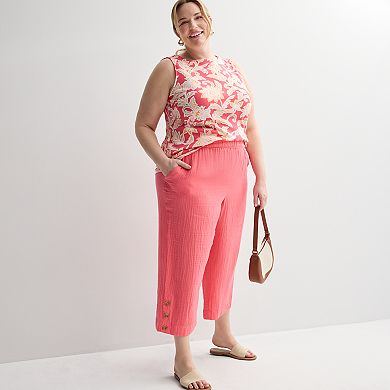 Plus Size Croft & Barrow® Button Hem Pull On Linen Cropped Pants