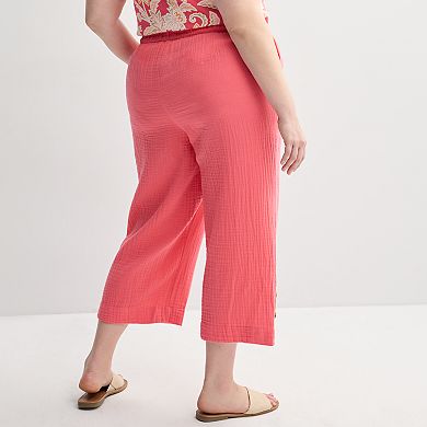 Plus Size Croft & Barrow® Button Hem Pull On Linen Cropped Pants