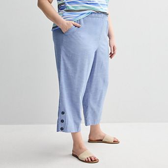 Plus Size Croft & Barrow® Button Hem Pull On Linen Cropped Pants