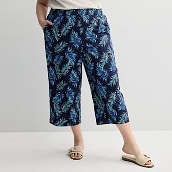 Plus Size Croft & Barrow® Button Hem Pull On Linen Cropped Pants