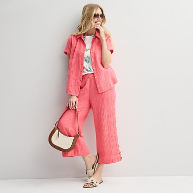 Petite Croft & Barrow® Button Hem Pull On Linen Cropped Pants
