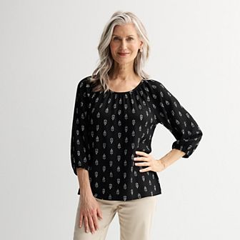 Petite Croft & Barrow® Shirred Neckline Textured Top