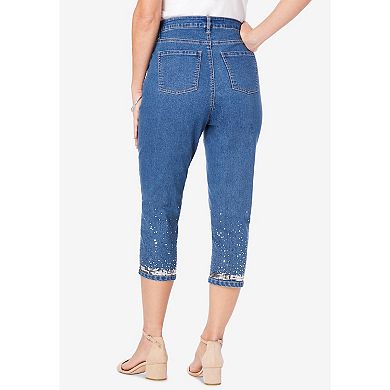 Roaman's Women's Plus Size Plus Size Sequin Trim Straight Leg Capri Jean
