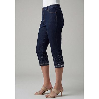 Roaman's Women's Plus Size Sequin Trim Straight Leg Capri Jean