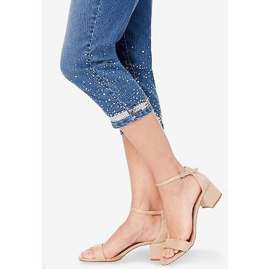 Roaman's Women's Plus Size Sequin Trim Straight Leg Capri Jean