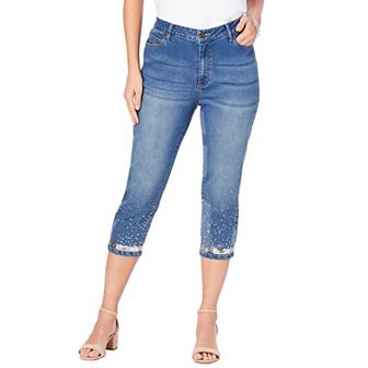 Roaman's Women's Plus Size Plus Size Sequin Trim Straight Leg Capri Jean