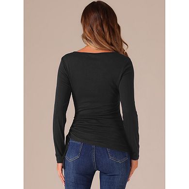 Women's Scoop Neck Blouse Button Stretch Ruched Drawstring Top