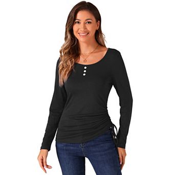 Women's Scoop Neck Blouse Button Stretch Ruched Drawstring Top