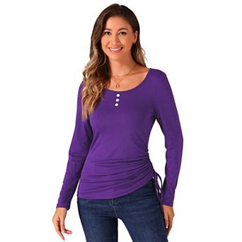 Women's Scoop Neck Blouse Button Stretch Ruched Drawstring Top