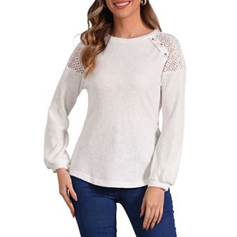 Women's Chic Lace-Trimmed Crew Neck Tee Shirt Button Decor Long Sleeve Knit Sweater Top