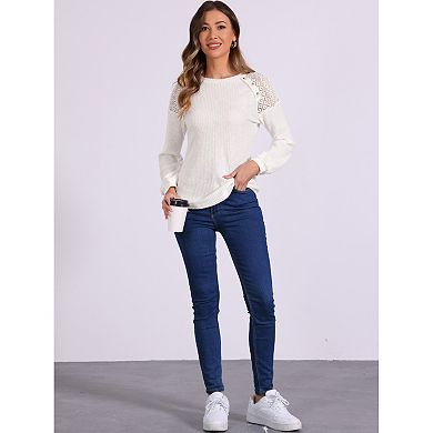 Women's Chic Lace-Trimmed Crew Neck Tee Shirt Button Decor Long Sleeve Knit Sweater Top