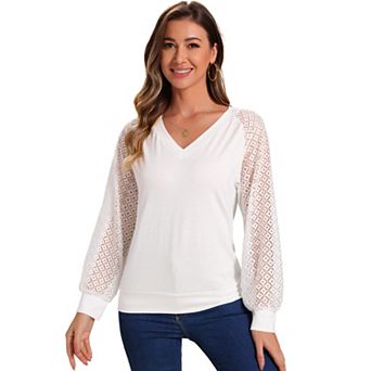 Women's Lace Sleeve Blouse Casual Work Office V Neck Top Shirt