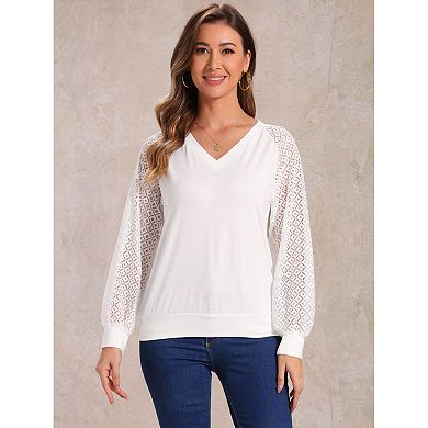 Women's Lace Sleeve Blouse Casual Work Office V Neck Top Shirt