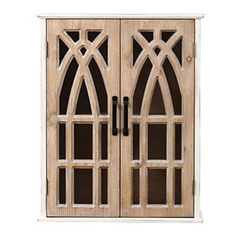 LuxenHome Farmhouse White and Natural MDF Wood Cathedral-Style 2-Door Wall Cabinet