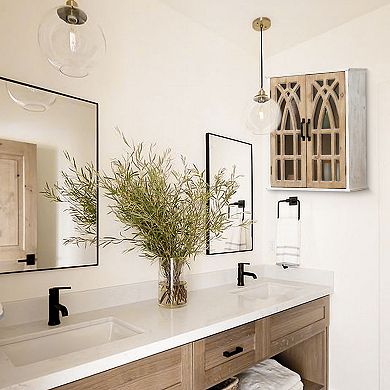 LuxenHome Farmhouse White and Natural MDF Wood Cathedral-Style 2-Door Wall Cabinet