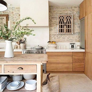 LuxenHome Farmhouse White and Natural MDF Wood Cathedral-Style 2-Door Wall Cabinet