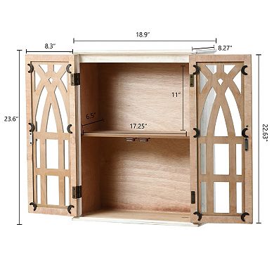 LuxenHome Farmhouse White and Natural MDF Wood Cathedral-Style 2-Door Wall Cabinet
