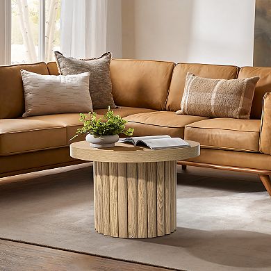 LuxenHome End Table 23.6"Wide Brown Wood Fluted Round Coffee Table and Side Table for Living Room