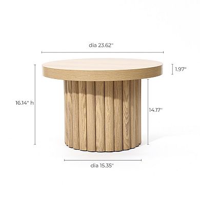 LuxenHome End Table 23.6"Wide Brown Wood Fluted Round Coffee Table and Side Table for Living Room