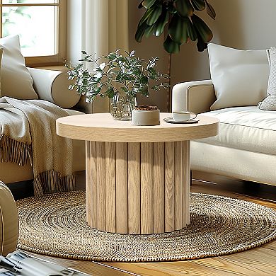 LuxenHome End Table 23.6"Wide Brown Wood Fluted Round Coffee Table and Side Table for Living Room