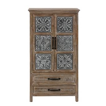 LuxenHome Farmhouse Wood and Metal 2-Drawer 2-Door Storage Cabinet