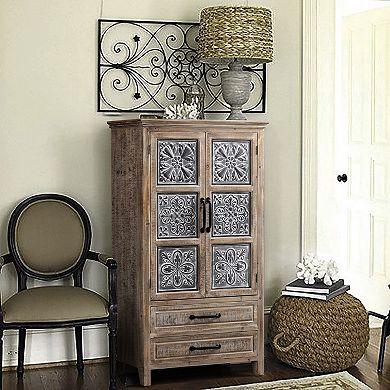 LuxenHome Farmhouse Wood and Metal 2-Drawer 2-Door Storage Cabinet