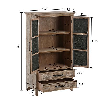 LuxenHome Farmhouse Wood and Metal 2-Drawer 2-Door Storage Cabinet
