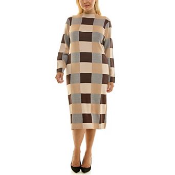 Plus Size Nina Leonard Long Sleeve Mockneck Jacquard Sheath Midi Dress