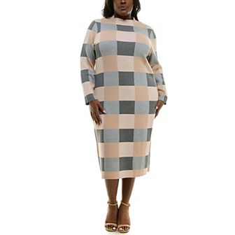 Plus Size Nina Leonard Long Sleeve Mockneck Jacquard Sheath Midi Dress