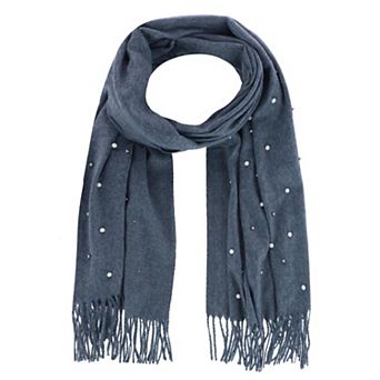 CTM Women's Pearl Embellished Solid Fringe Oblong Scarf