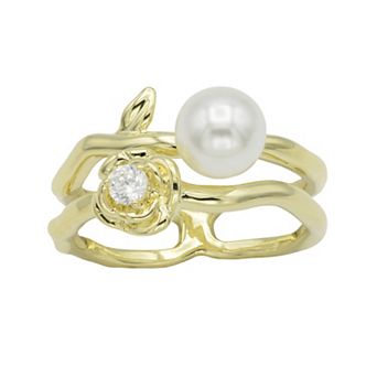 City Luxe Gold Tone Crystal Flower Simulated Pearl Ring