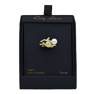 City Luxe Gold Tone Crystal Flower Simulated Pearl Ring