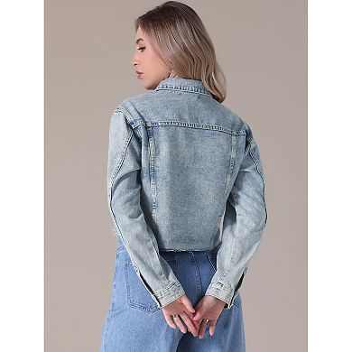 Women's Jean Jackets Long Sleeve Frayed Hem Trendy Cropped Denim Jacket