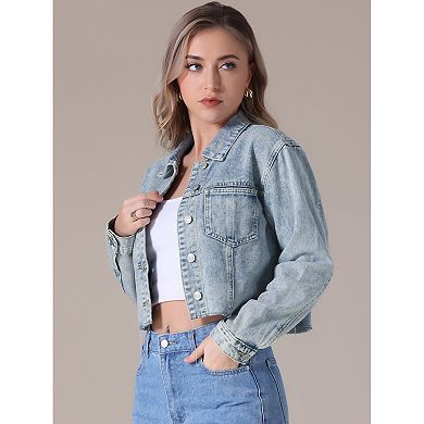 Women's Jean Jackets Long Sleeve Frayed Hem Trendy Cropped Denim Jacket