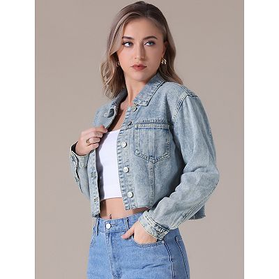 Women's Jean Jackets Long Sleeve Frayed Hem Trendy Cropped Denim